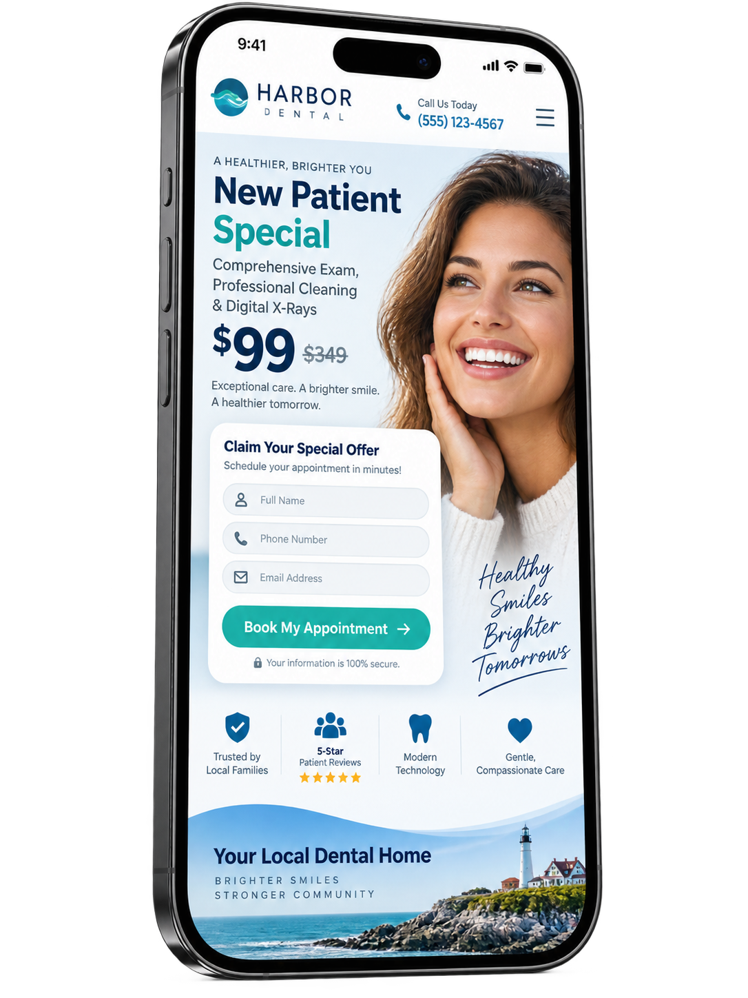 Mobile-first general dentistry website design concept with a new-patient offer