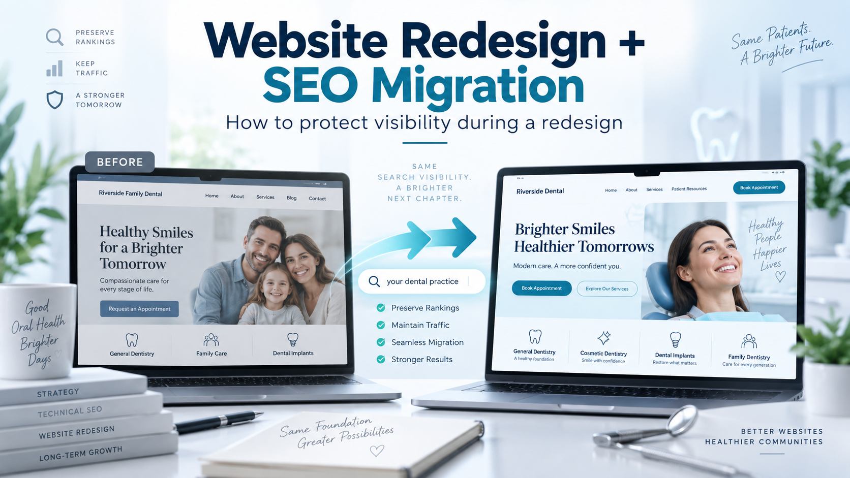 Dental website redesign and SEO migration before and after concept