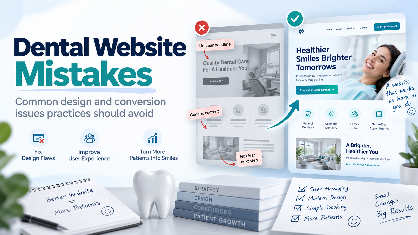 Dental website mistakes and improved dental website design comparison