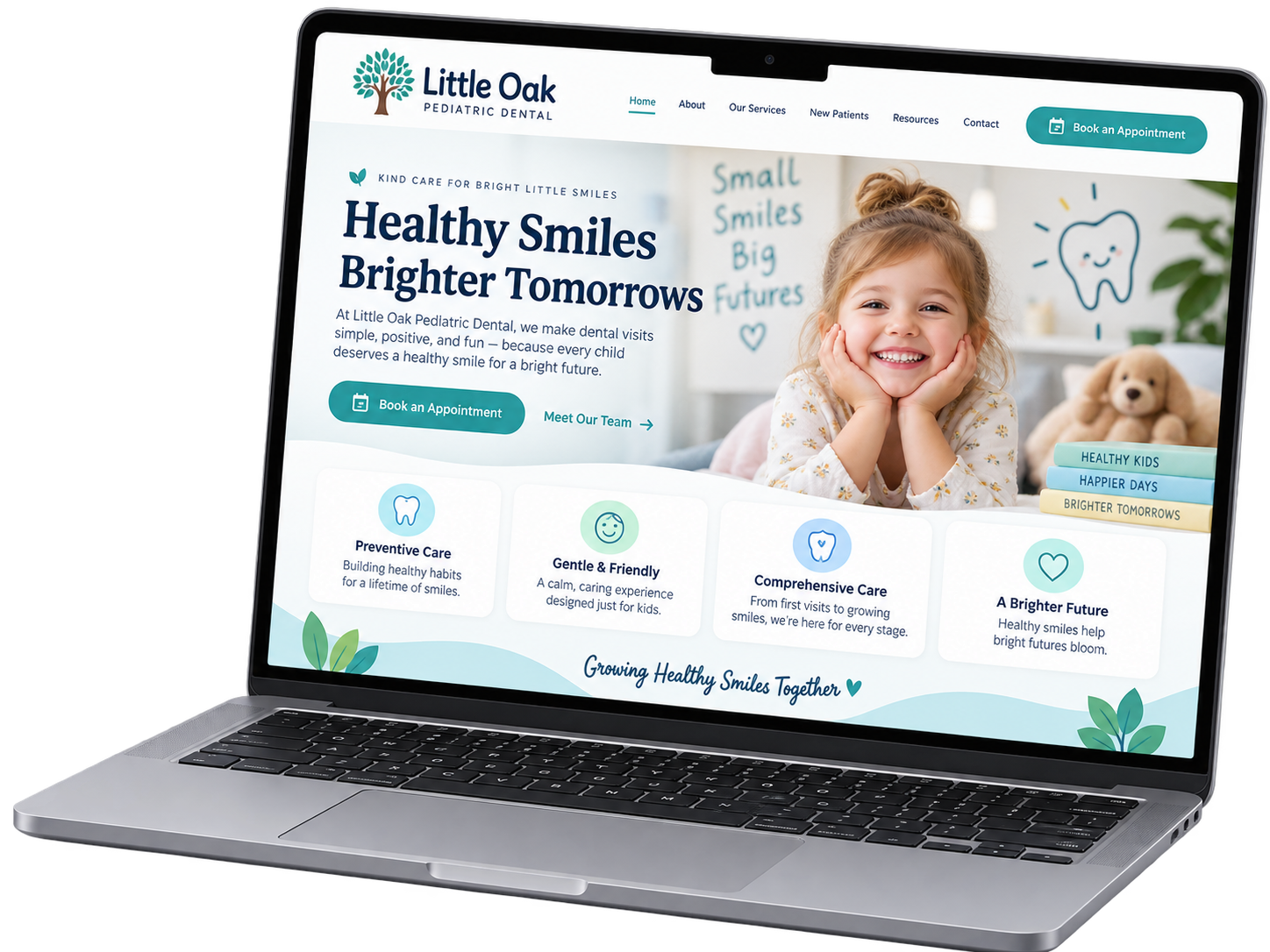 Pediatric dental website design concept displayed on a laptop